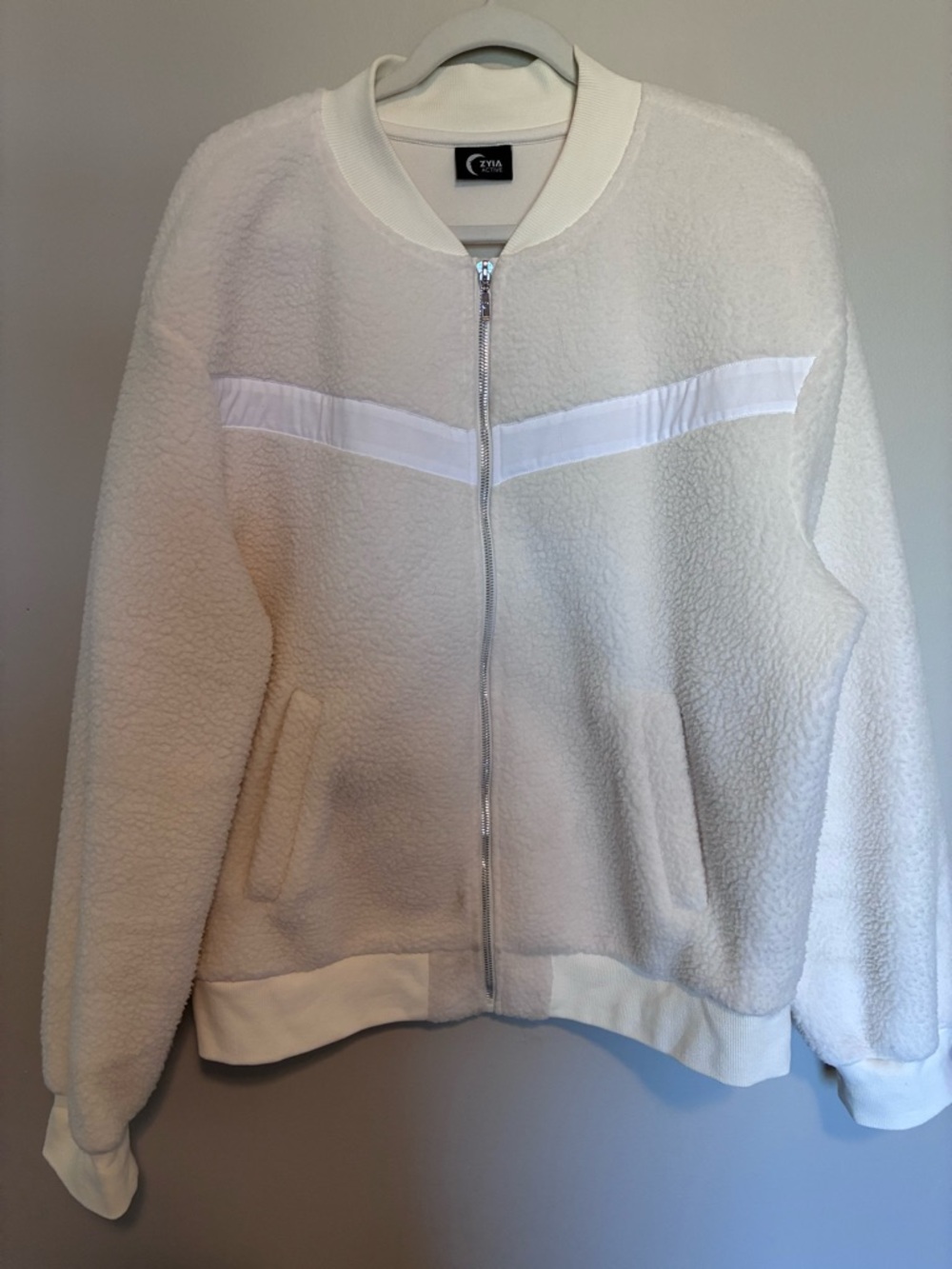 ZYIA Cream Sherpa Zip Bomber Jacket